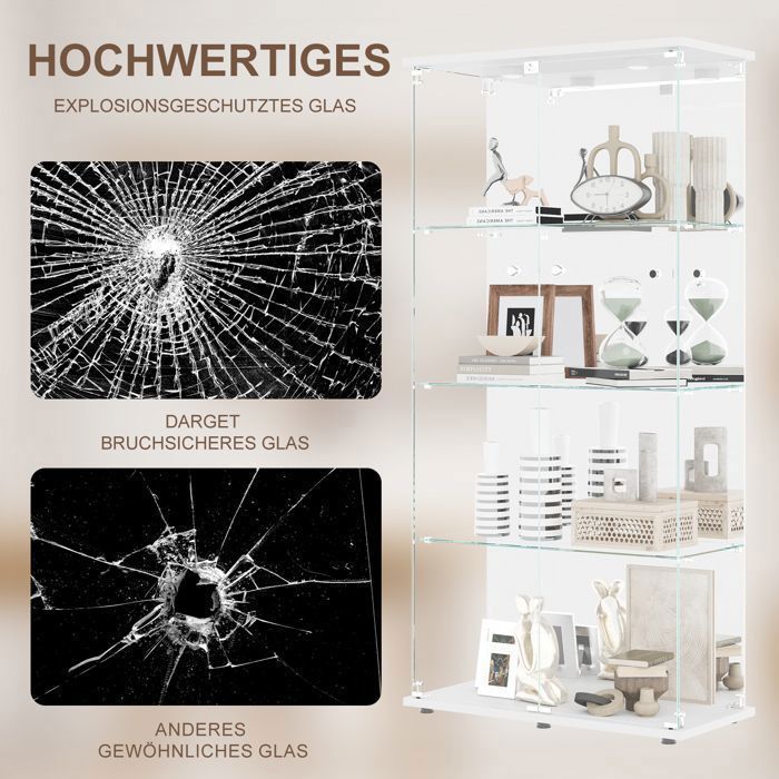 Vitrine En Verre Sur Pied Avec Éclairage LED - 4 Étagères En Verre, Porte Verrouillable - Pour Collection, Vin, Bureau