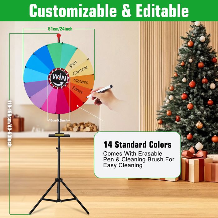 Roue De La Fortune 61 Cm – 14 Couleurs, Support Réglable 110-160 Cm – Marqueur Effaçable – Fêtes, Foires, Animations