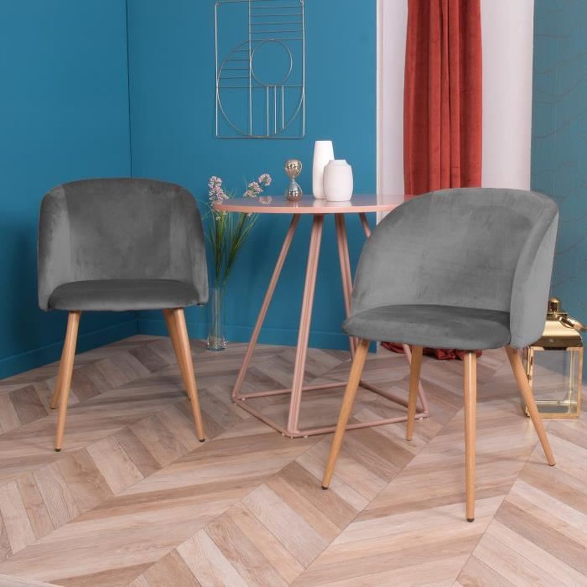 HOMY CASA Lot de 2 chaises scandinave grises velours métal look bois
