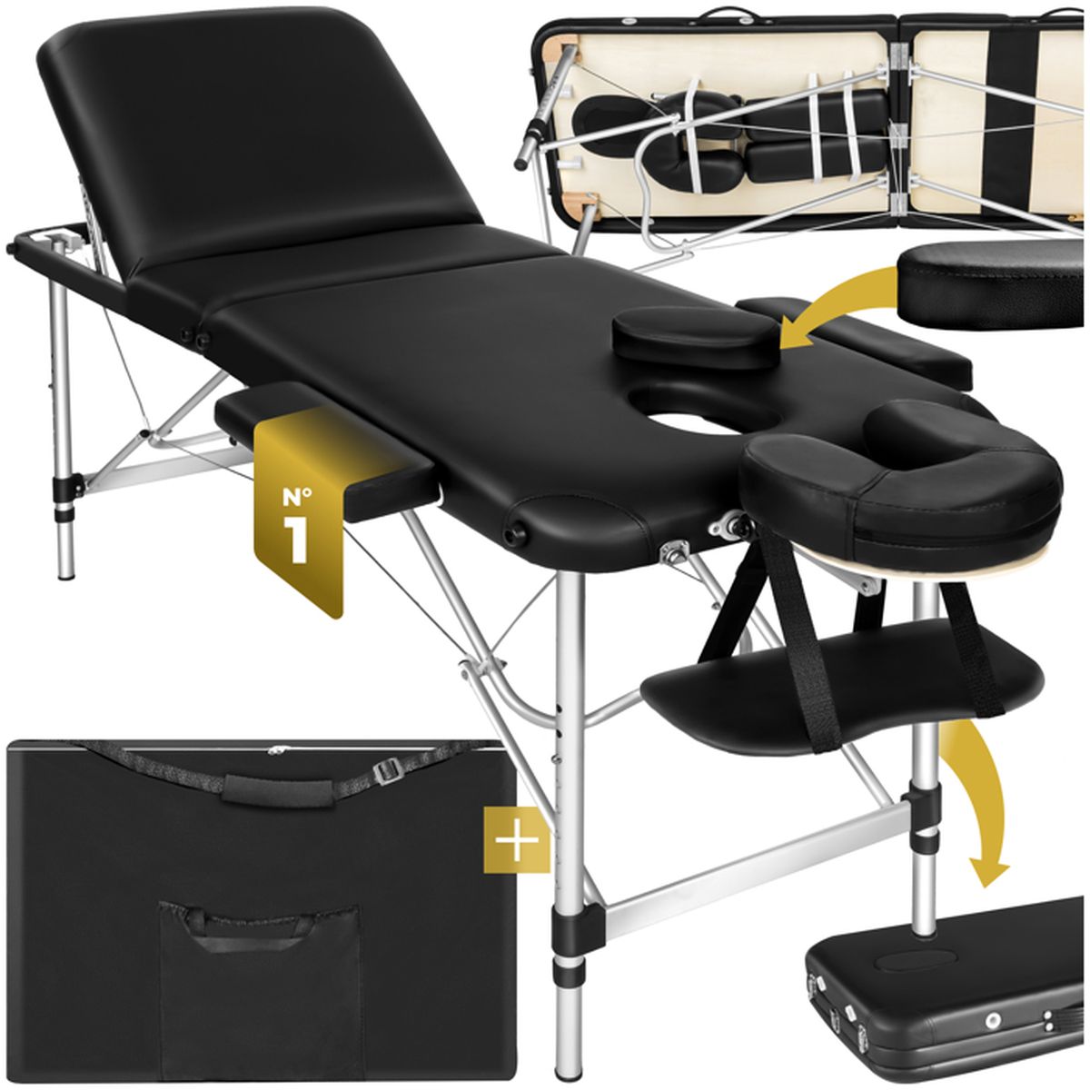 Tectake Table De Massage Pliante Bois 3 Zones Cadre En Aluminium Noir 