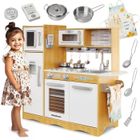 Cuisine enfant en Bois LED Mamabrum 93x30x83 cm- avec Frigo, Micro-Ondes, Plaque, Ustensiles, Tablier - pour Enfants 3 Ans+