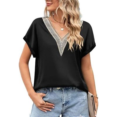 Chemisier en Satin a Manches Courtes et Col en V pour Femmes Chemisier Blouse Liquette couleurs noir Noir Cdiscount Pret a Porter