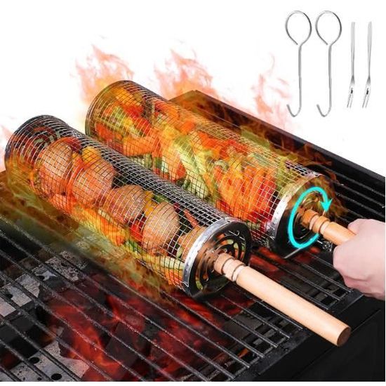2 Paniers De Cuisson Roulants Pour Barbecue En Acier Inox 304 - Avec Poignée En Bois - Pour Légumes, Viande, Poisson, Grillades