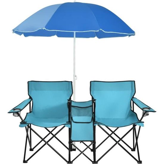 Chaise De Camping 2 Places Avec Parasol Réglable – COSTWAY – Pliante, Glacière Intégrée, Charge 120kg/siège – Bleu - 5