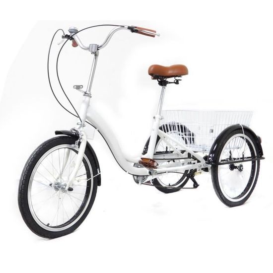 20" Tricycle une vitesse vélo à 3 Roues Adulte Tricycle avec Panier Blanche