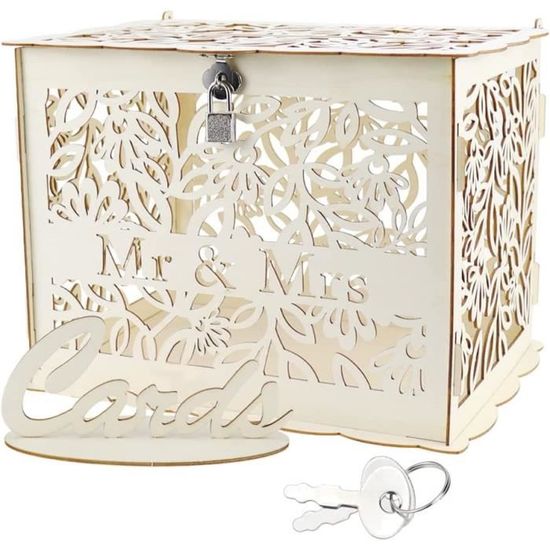 SOUJOY Boîte à cartes de mariage rustique en bois avec serrure et panneau de carte, enveloppe à faire soi-même, récipient pour carte cadeau pour réception, anniversaire, remise de diplôme, fête