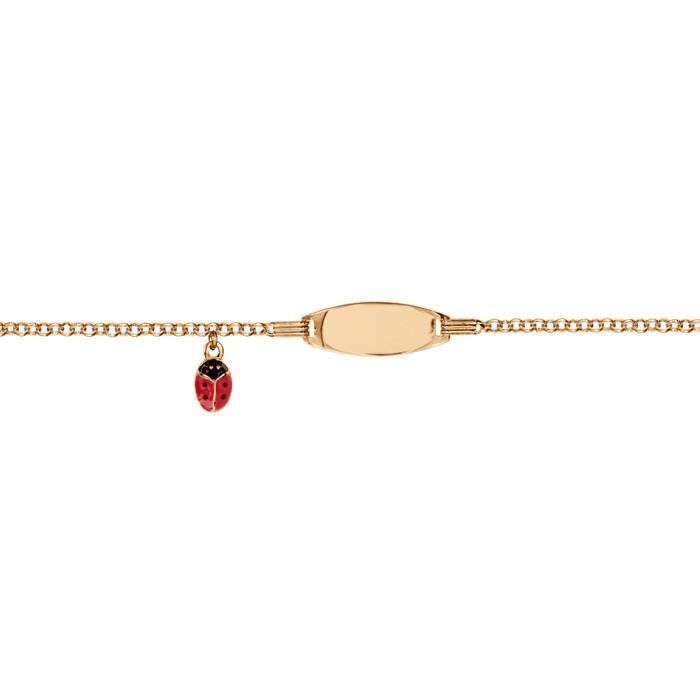 Gourmette bébé en plaqué or avec plaque ovale et pampille coccinelle rouge 13+2cm