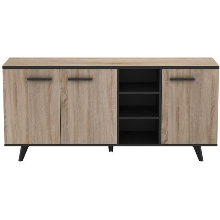 Buffet bas - Décor chêne brossé et noir mat - Contemporain - WAYNE - L 160,7 cm