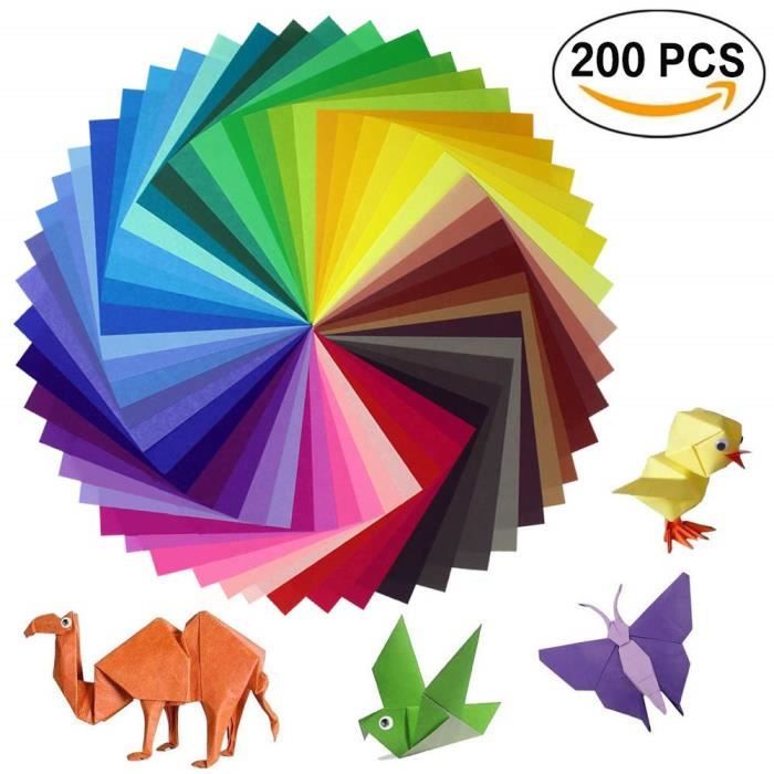 Lot de 200 feuilles de papier origami 2 tailles, 50 couleurs vives recto pour travaux manuels, lot de 100 yeux mobiles