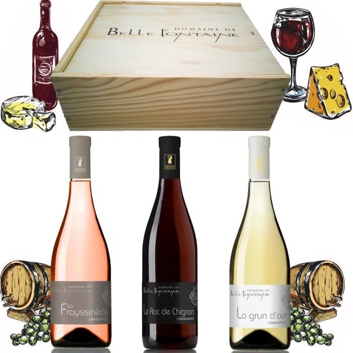 Coffret Vin Cadeau - Dégustation Vin Languedoc - Domaine De Bellefontaine - Caisse 3 Bouteilles - Bouteille Vin Rouge Blanc Rosé -