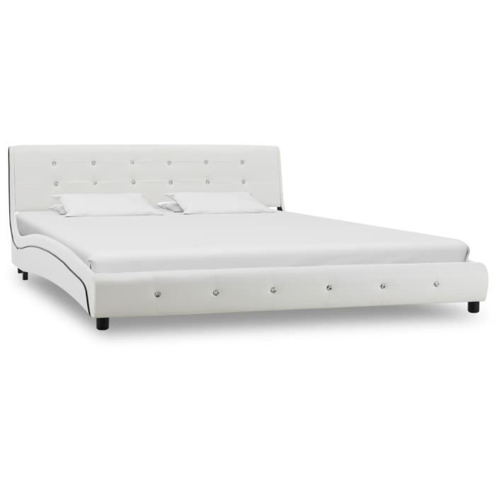 Cadre De Lit Similicuir :Queen Size 160*200 Cm - Lit Design Capitonné - Sommier Inclus&Pieds En Acier - Blanc