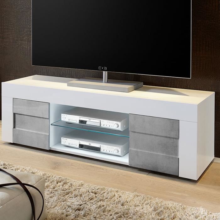 Banc TV blanc laqué et effet béton TUNIS 2 140 cm