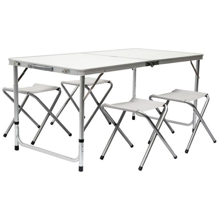 Table de camping pliable réglable en hauteur 120x60x70cm incl. 4 Tabourets pliants Format mallette Gris clair