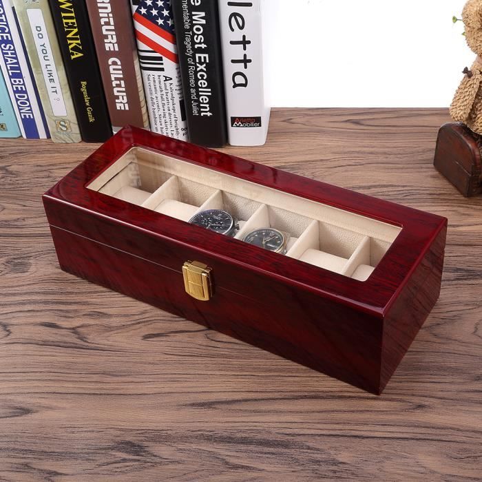 6 Grilles Boîte à Montre en Bois Unisexe Présentoir à Montre Boîte de Rangement Bijoux Coffret