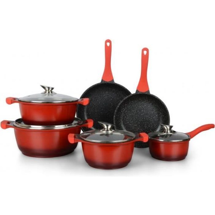 Professionnel Batterie Cuisine Induction Tous Types Feux Cuisson Revêtement Marbre AntiAdhesif 10 Pièces Rouge