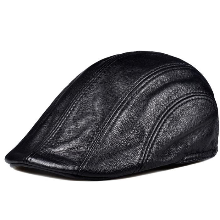 Bonnet,Béret Vintage Chic en cuir véritable pour femmes et hommes, casquette de marque, couleur noir et - Type black-XXL(59cm60cm)