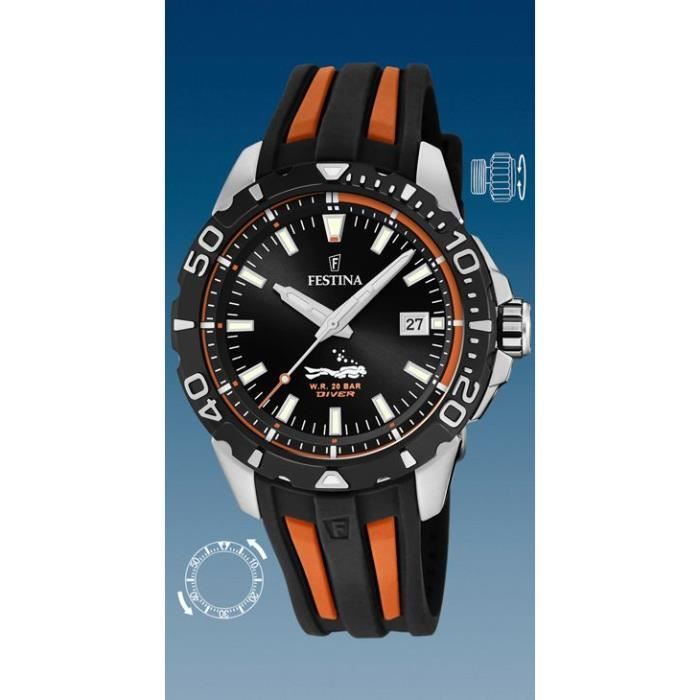 Montre Homme Festina - F20462/3 - Collection Diver - Cadran noir - Boitier 44.50mm - Bracelet silicone noir et orange - Garantie 2 a
