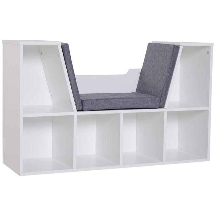 Bibliothèque banc 2 en 1 design contemporain 6 casiers 3 coussins fournis 102L x 30l x 61H cm blanc gris chiné 102x30x61cm Blanc