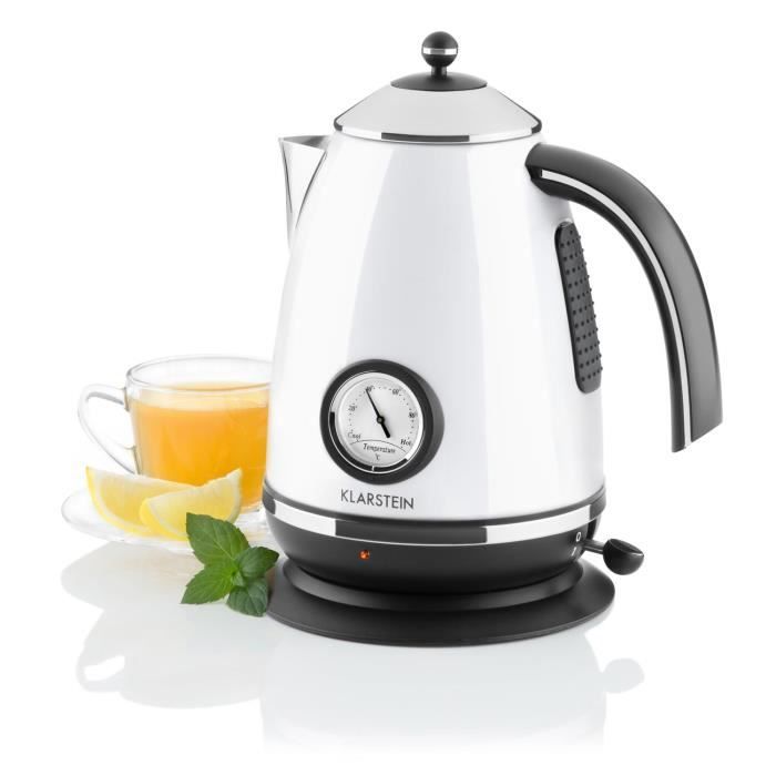 Klarstein Aquavita Chalet - Bouilloire électrique au look théière rétro avec thermomètre (2200W, poignée cool-touch, 1,7L) - blanc
