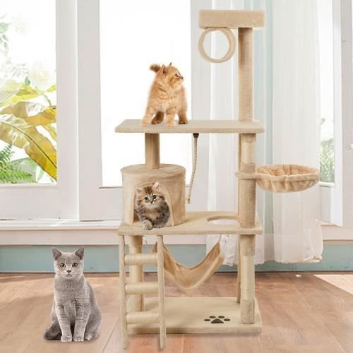 Arbre à chat avec poteaux à gratter, tour d'escalade pour chat avec plate-forme de perche - tunnel - hamacs - échelle (beige)