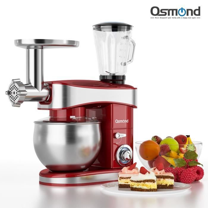 OSMOND Robot Pâtissier Multifonction 1200W 6 Vitesse Bol 6.5L INOX - Hachoir à Viande Mixeur Batteur Fouet Petrin Cusine ROUGE NOEL