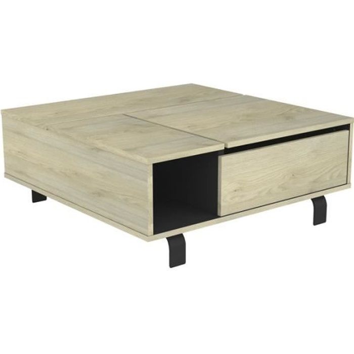 Table basse carrée relevable Chêne clair/Noir mat - FOREST - L 90 x l 90 x H 37