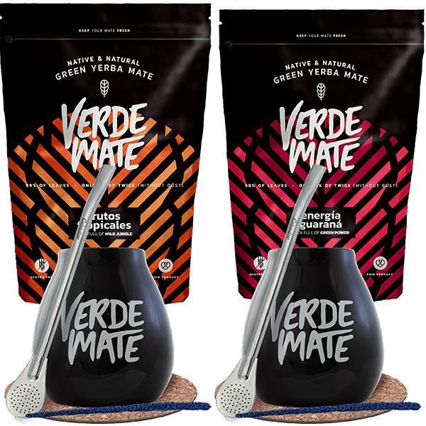 Yerba Mate 1 kg Kit Verde Mate Guarana, Orange 2x500g + Noir Calebasse Mate 2 x 350 ml+ Bombilla x 2