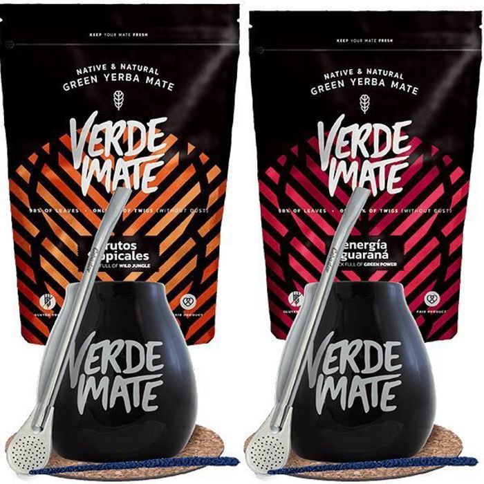 Yerba Mate 1 kg Kit Verde Mate Guarana, Orange 2x500g + Noir Calebasse Mate 2 x 350 ml+ Bombilla x 2