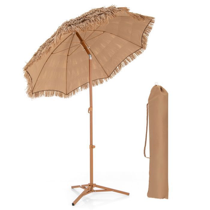 COSTWAY Parasol de Plage Hawaïen Inclinable φ200xH218cm en Chaume PP avec Base Pied Pliant 8 Baleines Sac de Transport Jardin