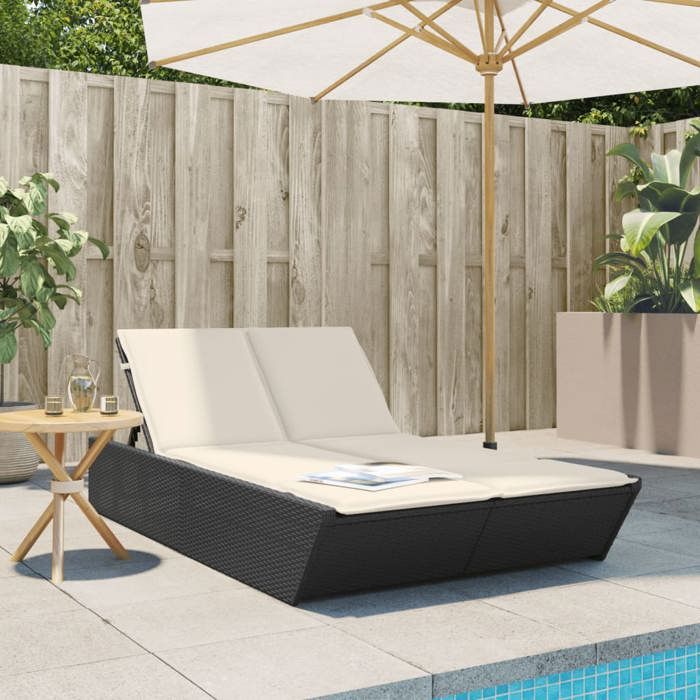 40901& Bains de soleil double avec coussins noir résine tressée - L118 x P200 x H83 cm - tissu 100 % polyester