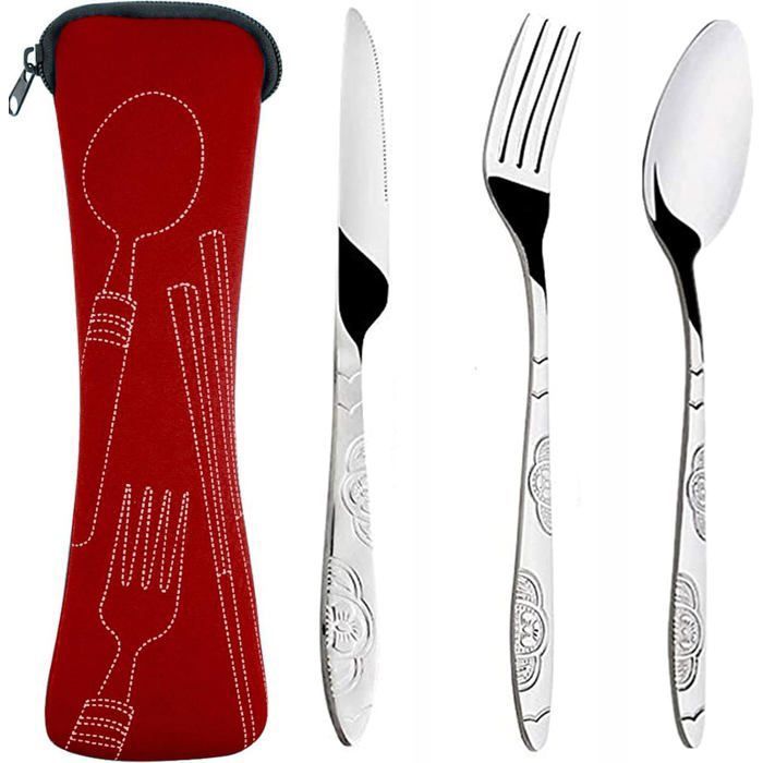 Ensemble de 3 couverts avec étui portable couverts en acier inoxydable ensemble dustensiles de camping avec sac