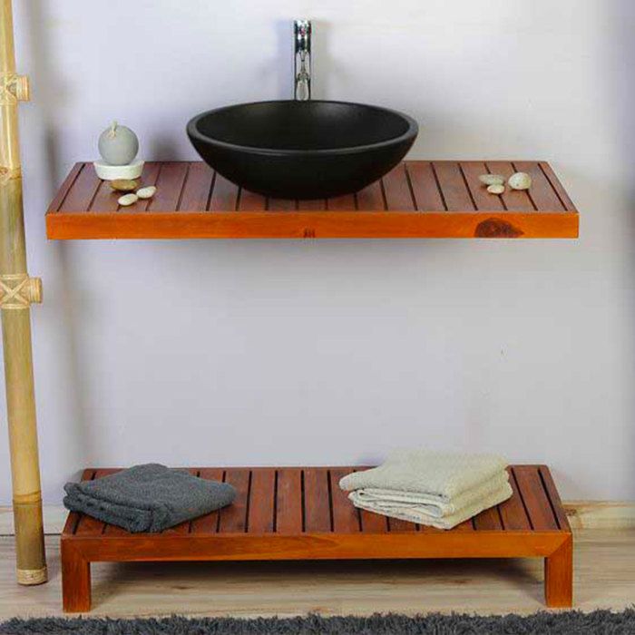 Ensemble meuble vasque miroir et banc japonais salle de bain Gempo 100 cm en bois teck naturel Taille - Meuble Seul