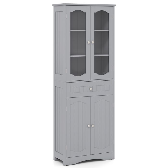 GIANTEX Meuble de Salle de Bain Armoire de Rangement Haute Portes en Verre et Tiroir Étagères Réglables 60 x 30 x 160 cm Gris