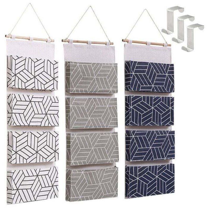 Sac de Rangement Suspendu 3 Pièces Organisateur Suspendu sur Porte Tissu de Lin Pochette de Rangement avec 4 Compartiment et C