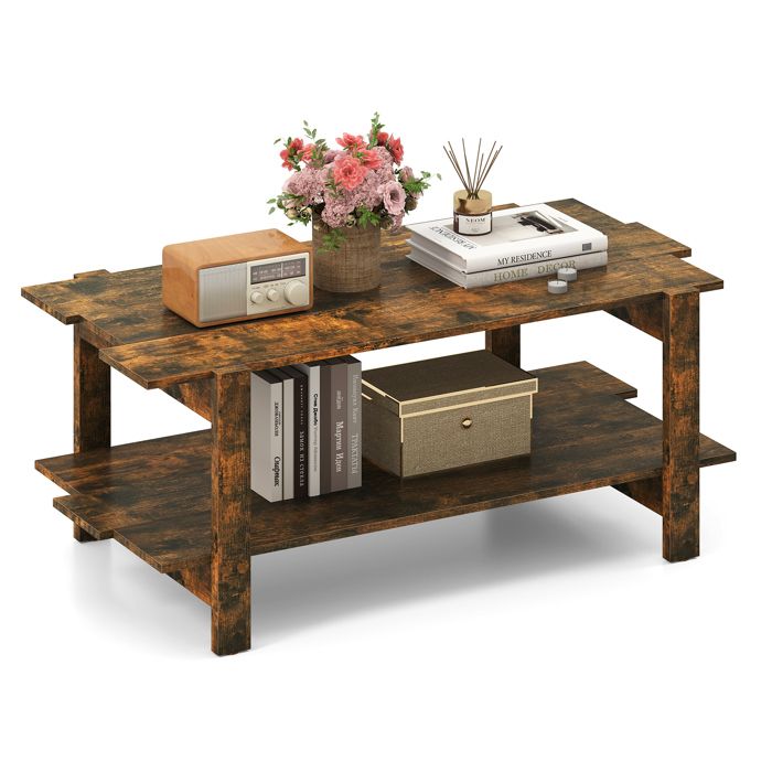 GIANTEX Table Basse Rectangulaire à 2 Niveaux- Style Industriel- Étagère de Rangement Ouverte- Bureau Salon- 115x59x46 cm- Marron