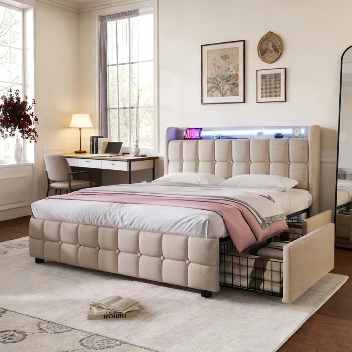 Lit double 180x200 cm avec sommier LED et USB Lit adulte 180x200 cm avec 4 tiroirs et tête de lit rembourrée Tissu en lin Beige