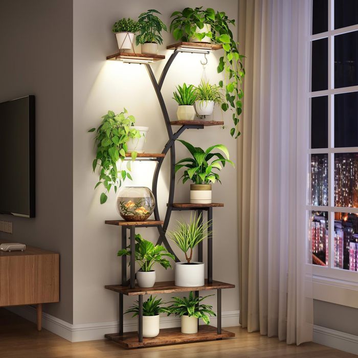 Support Plante Intérieur 8 Niveaux avec Lampe LED de Croissance Porte Plante Vintage Bois Métal Étagère à Fleurs pour Salon Balcon