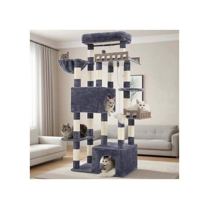 Arbre à chat - HOLISANE - 174 cm - Gris foncé - 2 perchoirs en bois - 15 poteaux à griffer