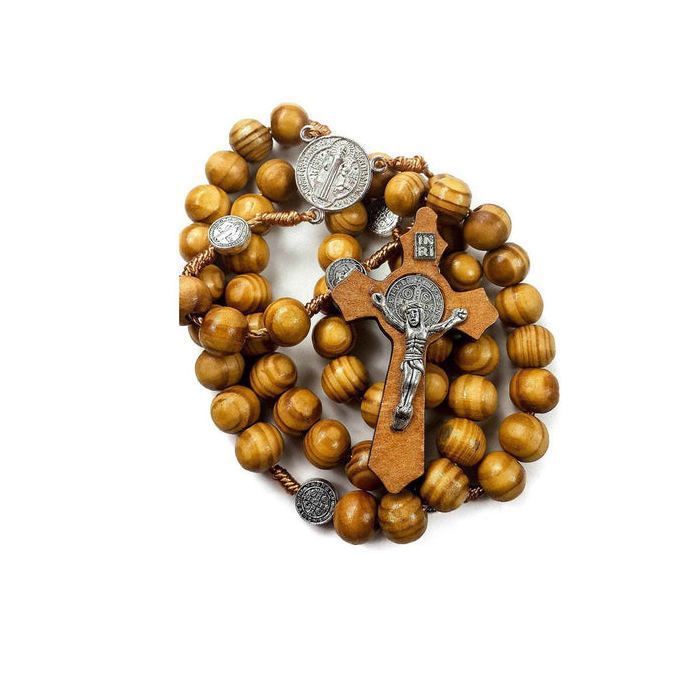 Nazareth Store Médaille de Saint Benoît de Protection contre le Mal avec Croix Chapelet en Perles de Bois Bijoux Religieux