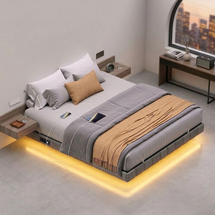 Structure de lit Double 160 x 200 cm LED Intégrée Multiprise Effet Flottant Ports USB Chambre Gris