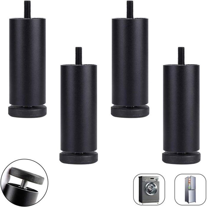 Lot de 4 pieds de meuble aluminium M8 12cm - Réglables en hauteur - Noir