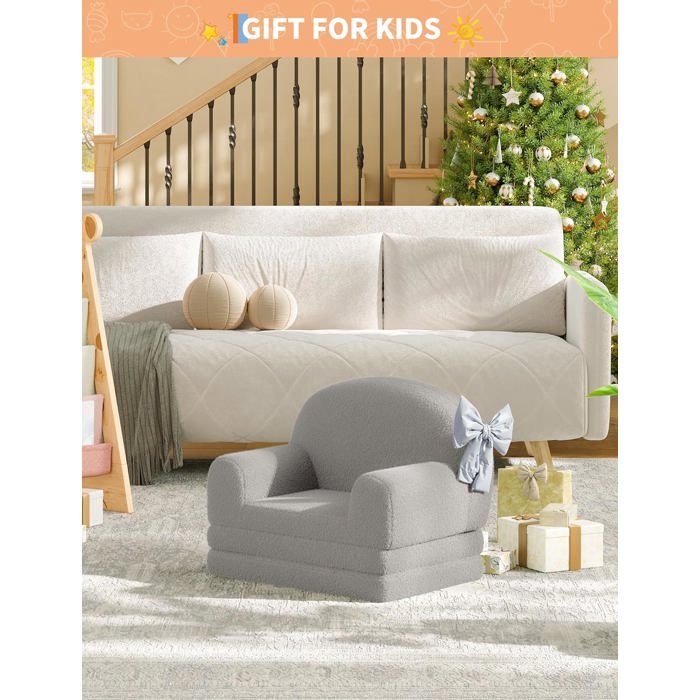 Canapé-Lit Pliant 2 En 1 Pour Enfants En Tissu En Velours Doux Avec Accoudoirs Housse Amovible Et Lavable En Machine-GRIS