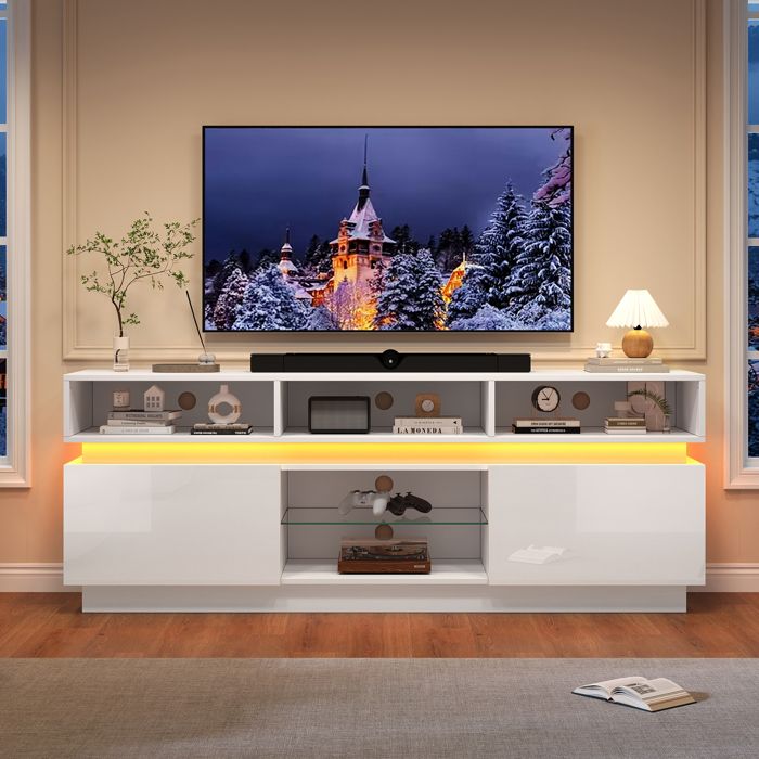Meuble TV bas 160x35x60 cm étagère en verre trempé LED finition brillante pour TV 60 pouces - MDF - blanc