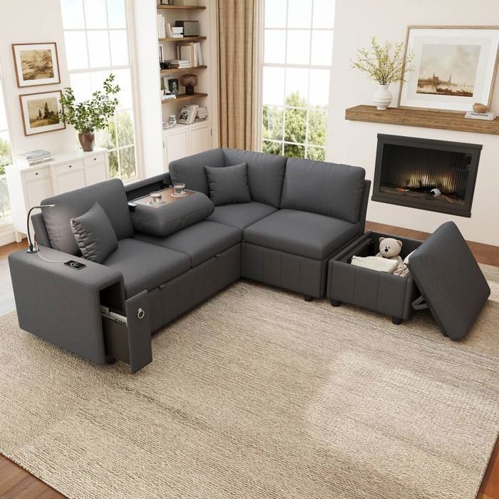 Canapé dangle extensible en L avec pouf de rangement table basse pliante ports USB Type-C lampe de lecture et 2 coussins gris