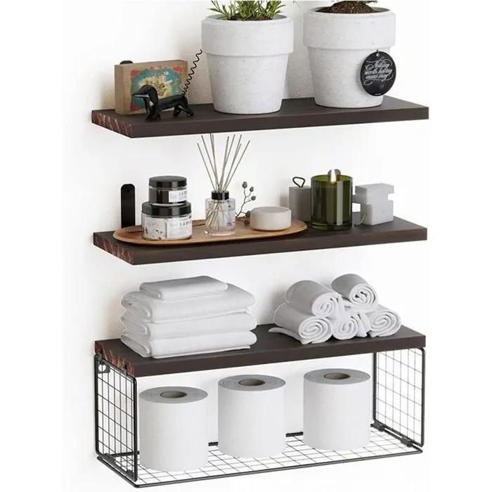 Étagères Murales en Bois Lot de 3 avec Grille Métallique Charge 10KG pour Salon Chambre Bureau Salle de Bains et Cuisine