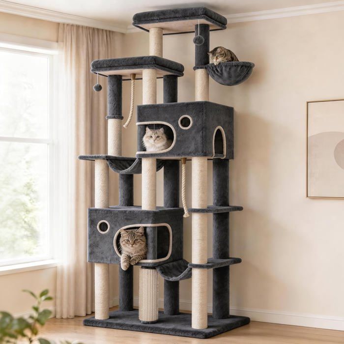 Arbre à Chat XXL Grand Tour à Chat de 213 cm de Haut 2 Grand Plateformes Grottes 2 Hamacs Pompons Gris foncé