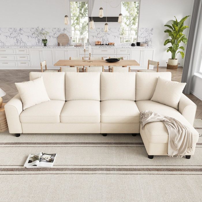 Canapé dangle modulable 4 places Canapé en L coffre de rangement relevable dossier inclinable porte-gobeletsBeige 280×136×82cm