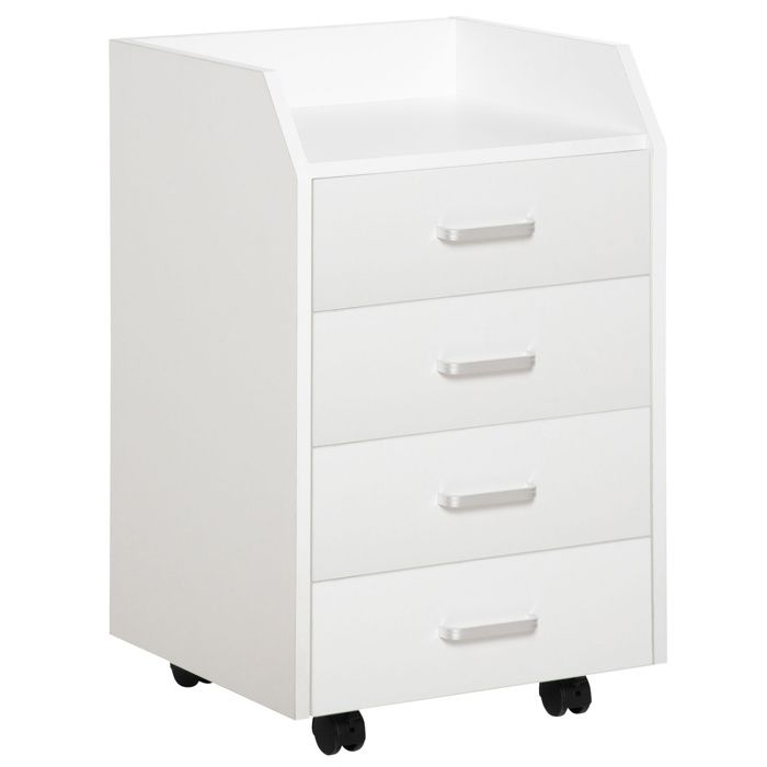Caisson de bureau rangement sur roulettes 4 tiroirs coulissants MDF et panneaux de particules dim. 40L x 36l x 65H cm blanc