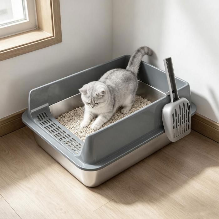 OHMG-Bac À Litière Pour Chat En Inox -Grande Capacité-Avec Pelle À Chat-Facile À Nettoyer-Le Matériel Est Robuste-Gris