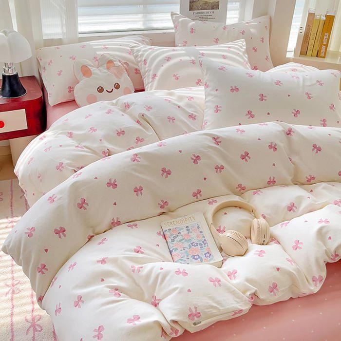 Housse de couette 140x200 cm microfibre - 1 taie 65x65 cm - fermeture à glissière - blanc et rose motif nœud - literie romantique